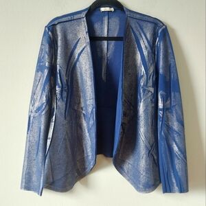 Sandri Women Open Front Blazer Blue Metallic Raw Cut Edge Strech Drape Workwear
